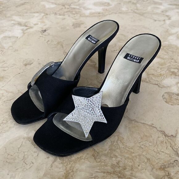 Stuart Weitzman Black Satin Heels Silver Rhinestone Moon & Star Mule Sandals - Picture 2 of 15